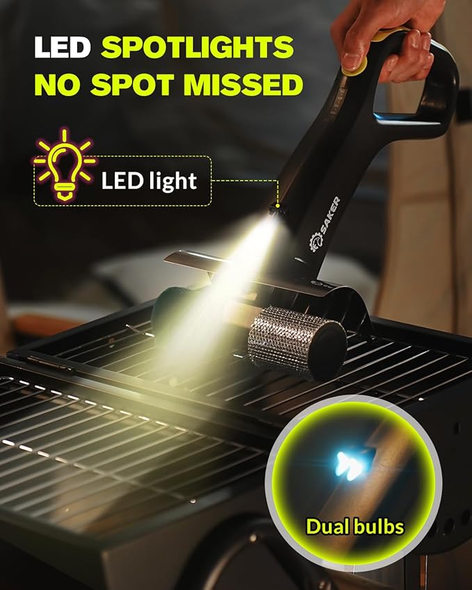 Saker Electric Grill Brush for Outdoor Grill, Bristle-Free Automatic Grill Cleaning Brush with 450 RPM & LED Light, Grill Rescue BBQ Brush Set with 3 Interchangeable Heads
