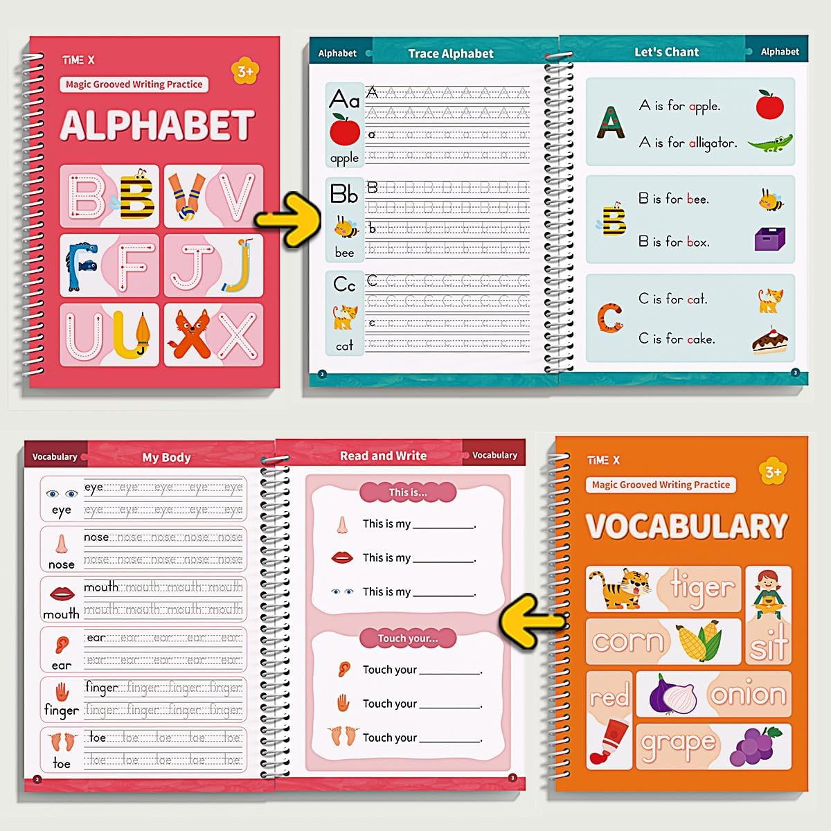 TIME X Magic Grooved Writing Practice Books - Reusable 3D Handwriting Workbooks for Kids Ages 3-8 | Large Size with Disappearing Ink