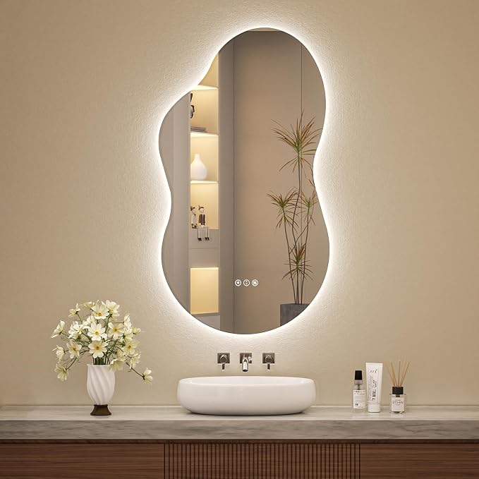Irregular Cloud Backlit Bathroom Mirror 20x36 Inch, LED Vanity Mirror with Lights Anti-Fog, Dimmable 3 Colors, 4mm Tempered Glass, Horizontal/Vertical Wall Mount for Bathroom or Makeup Area