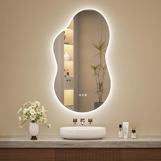 Irregular Cloud Backlit Bathroom Mirror 20x36 Inch, LED Vanity Mirror with Lights Anti-Fog, Dimmable 3 Colors, 4mm Tempered Glass, Horizontal/Vertical Wall Mount for Bathroom or Makeup Area