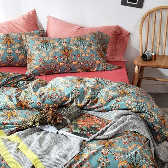 EAVD Vintage Style Flower Duvet Cover Full Soft 100% Cotton Chic Floral Boho Bedding Set with 2 Pillowcases Garden Gorgeous Floral Full Duvet Cover with Zipper Closure 4 Ties