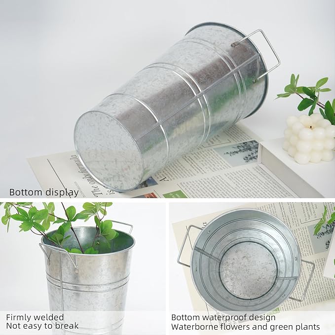 Notakia 10.62 Inch Galvanized Metal Vases Farmhouse French Flower Bucket Vases for Cut Flowers for Home Decor and Wedding Table Centerpiece Decorations (Medium Silver 4Pcs)