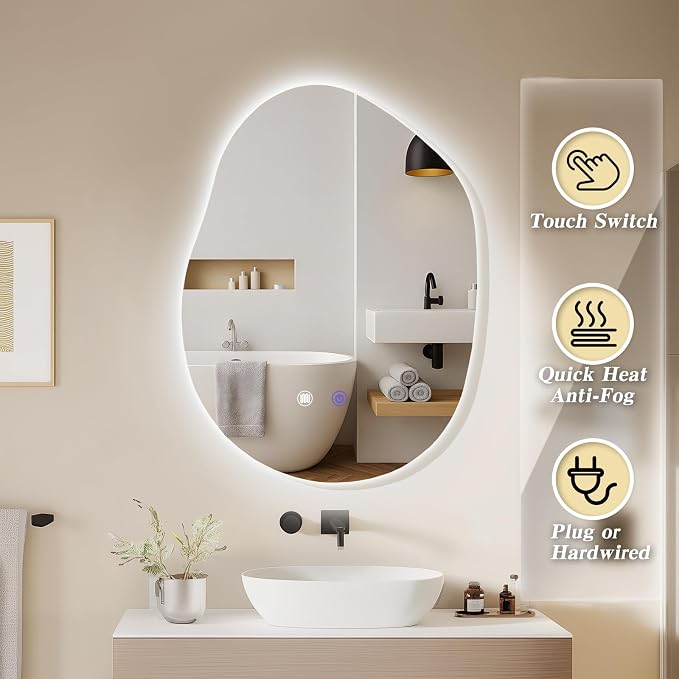 QDSSDECO Irregular LED Bathroom Mirror with Lights,Asymmetrical Led Bathroom Vanity Mirror for Wall with Front and Backlit, Anti Fog, 3 Colors and Dimmable Light, 23" x 31"