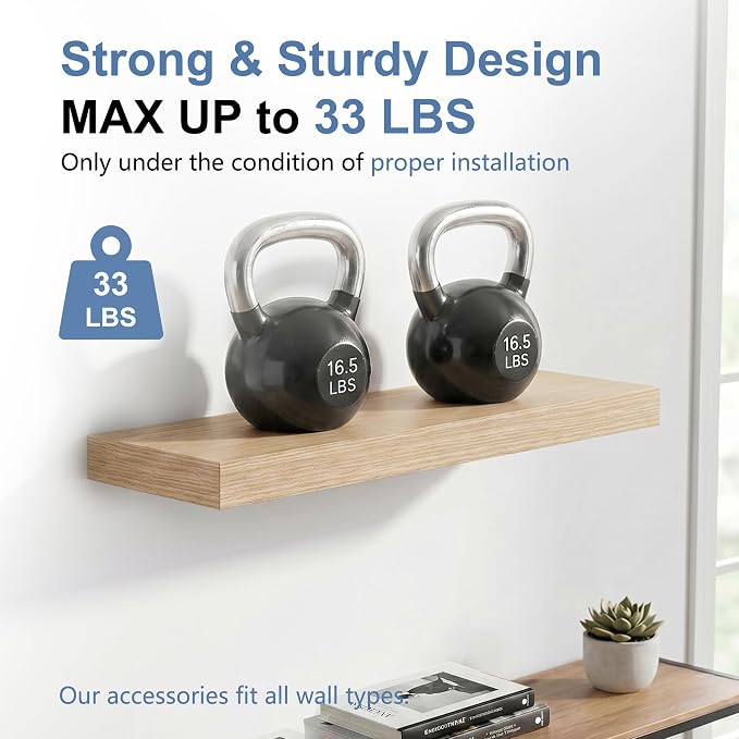 Oak Floating Shelves for Bathroom & Living Room Decor, 24 Inch Rustic Wood Wall Mounted Shelves for Plants, Books, Towels & Storage Display, Set of 2