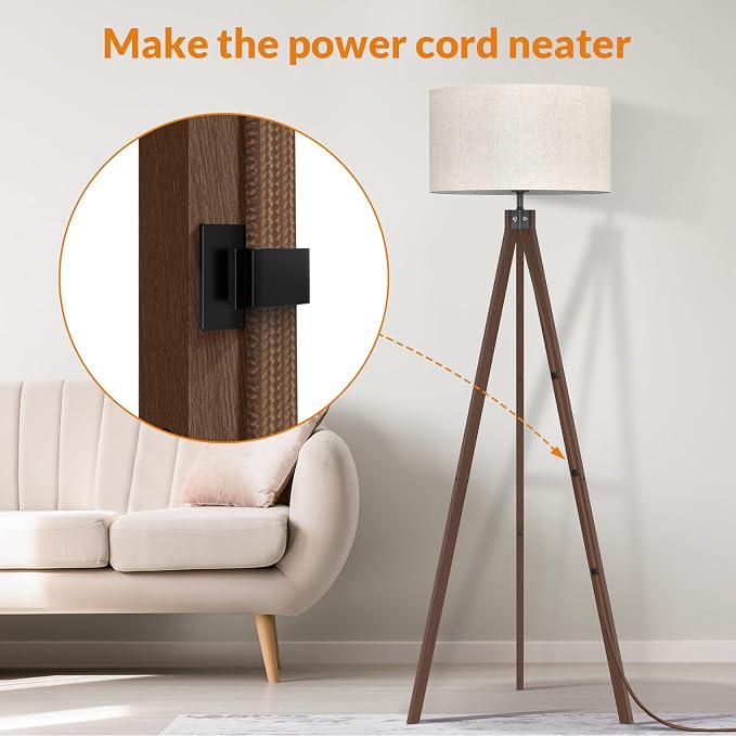 LEPOWER Wood Tripod Floor Lamp, Mid Century Standing Lamp, Modern Design Studying Light for Living Room, Bedroom, Study and Office, Flaxen Lamp Shade with E26 Base Dark Brown