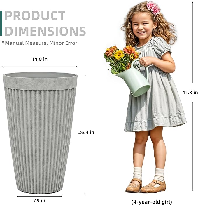 20" Vintage Resin Planters for Outdoor Plants, Gray Flower Pots with Handmade Fluted Texture, Weatherproof for Year-Round Indoor/Outdoor Use