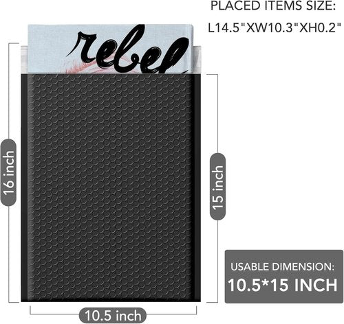 GSSUSA Large Bubble Mailers - 10.5x16 Inch Black Padded Envelopes | Strong Self-Seal Adhesion for Safe Shipping