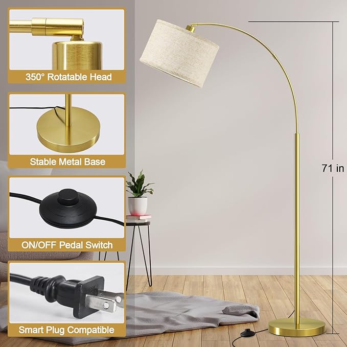 Luvkczc Arc Floor Lamp, 71" Tall Standing Lamp with On/Off Foot Switch, Gold Floor Lamp for Living Room with Adjustable Drum Lampshade, Over Couch Arched Reading Light for Reading, Bedroom, Office