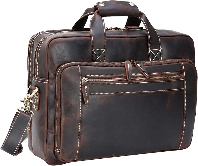 compalo Men's Solid Thick Full Grain Leather 17.3" Laptop Briefcase Classic Messenger Bag Fit Business Travel | Solid, Thick, Full Grain Leather, 17.3", Classic, Fit, Business Travel