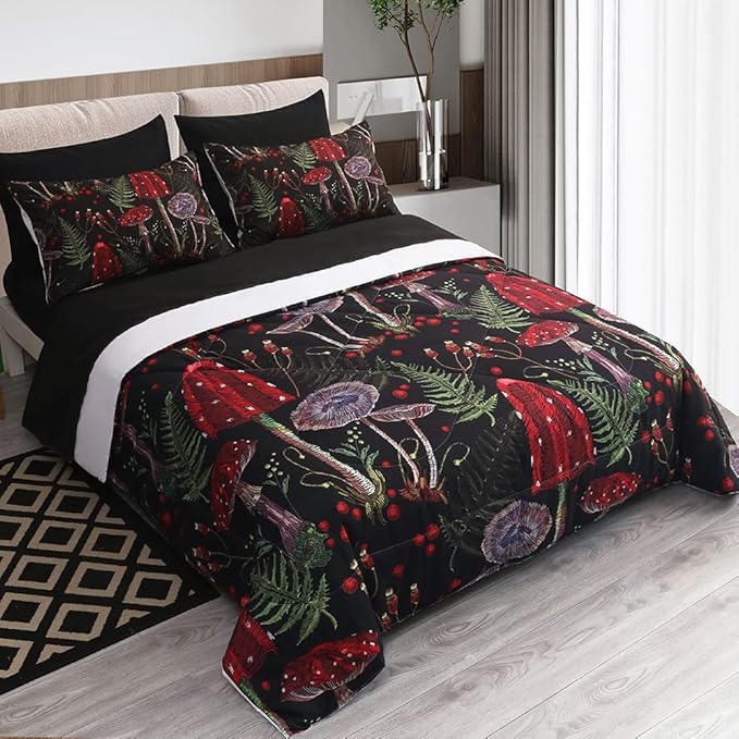 7 Piece Mushroom Comforter Set Full/Queen Size Mushroom Bedding Set Bed in A Bag 3D Plants Colorful Red Black Boho Quilt Set for Kid Boys Girls Teens Woman Adults All Season