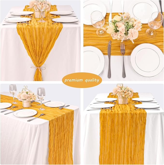 12 Pack 10Ft Cheesecloth Table Runner 35x120 Inch Boho Gauze Table Runner Rustic Cheese Cloth Long Romantic Table Runners for Wedding Bridal Shower Birthday Party Table Decor (Mustard)