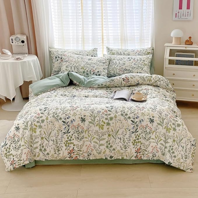 Sage Green Floral Duvet Cover Queen Size Comforter Cover Cotton Floral Cottagecore Bedding Sets Queen Vintage Boho Flower Comforter Cover Botanical Wildflower Plants Duvet Cover with 2 Pillowcases