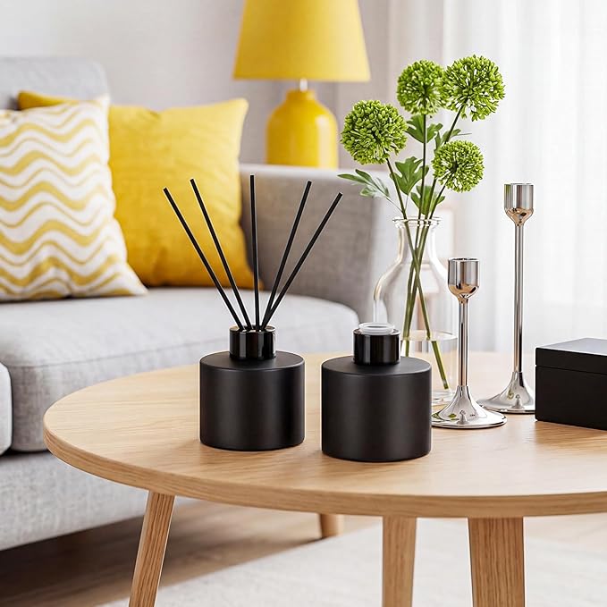 Chunful 2 Sets Black Reed Diffuser Bottle Empty Refillable Fragrance Glass Diffuser Bottles 100ml Round Glass Jars with Black Caps & Rattan Sticks for Living Room Home Replacement Fragrance DIY