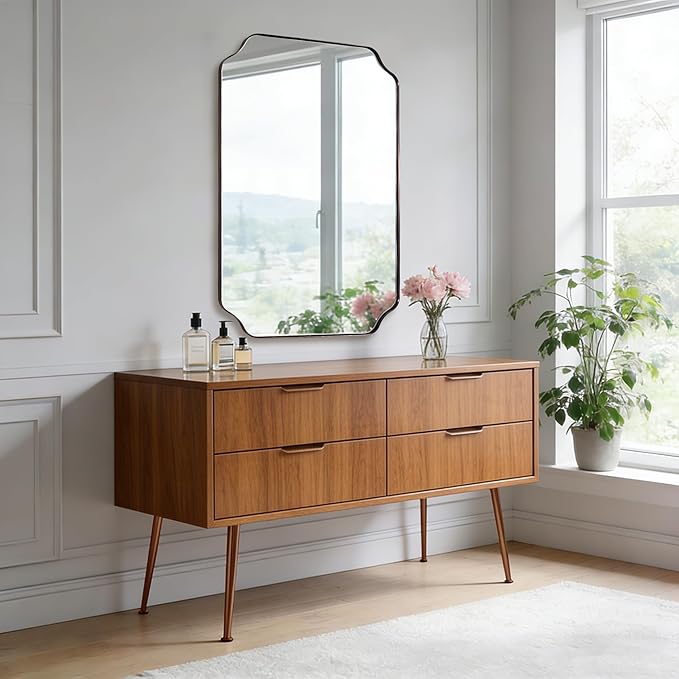 ANDY STAR Brushed Bronze Scalloped Mirror, 26"x38" Bathroom Vanity Mirror, Antique Scalloped Mirror in Premium Stainless Steel Frame, Timeless Shape with Unique Flair, Hangs Vertically/Horizontally