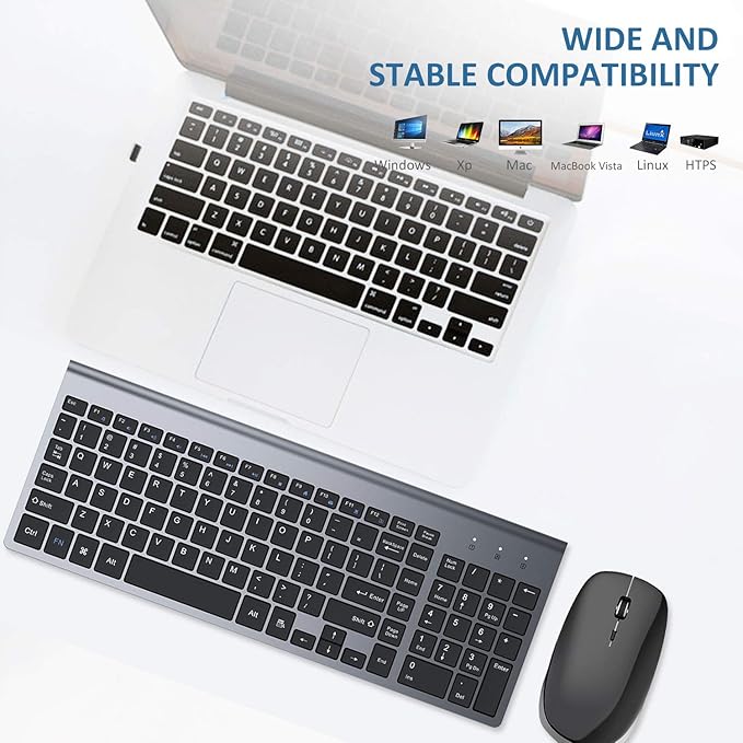 FENIFOX Keyboard and Mouse Wireless, USB 2.4GHz Combo Silent Quiet Low Profile Compact Full Size Flat Slim Thin Portable with Number Pad Soft Cover for PC Laptop Computer Office - Black & Grey