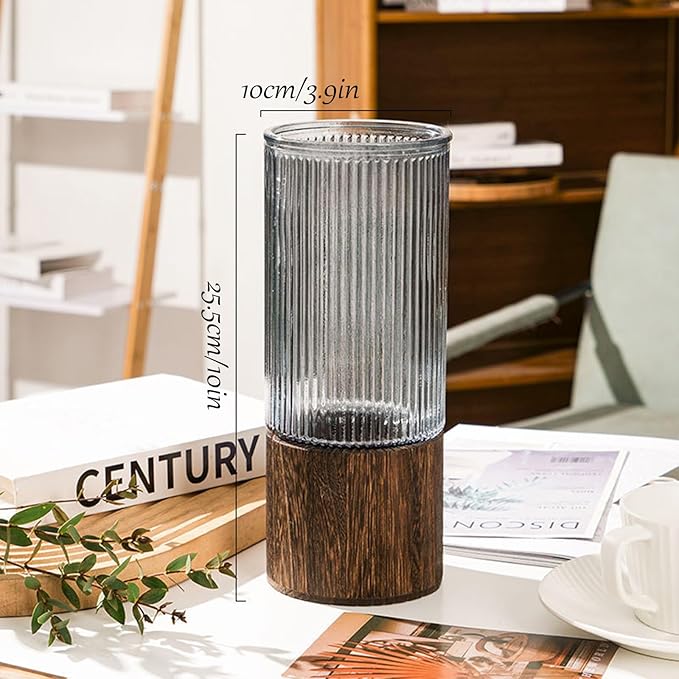 Wooden Vase, Glass Vase with Wooden Base Cylindrical Flower Vase, Classic Boho Rustic Style for Fireplace Bedroom Kitchen Living Room Centerpieces Office Desk, 10" H (Vertical Grain)