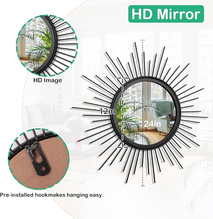 Sunburst Wall Mirror, Black Large Spoked Wall Decor Mirror Bohemian Home Round Modern Metal Wall Art Mirror for Living Room Hallway Bedroom Bathroom 24" x 24"