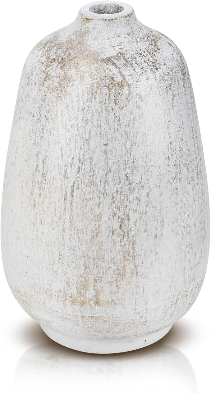 AeraVida Rustic Oval White Mango Wood Flower 6" Vase | Handmade Minimalist Table Decor | Natural Wooden Bottle Vase for Dried & Artificial Flowers | Boho Chic Home Office Kitchen Wedding Decoration