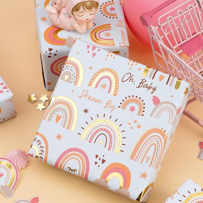 Burymento Rainbow Wrapping Paper, Boho Gold Foil Themed Gift Wrap for Birthday, Valentines, Mothers day, Graduation, Wedding, Fathers day, Baby Shower, Christmas (17 IN x 32.8 FT)