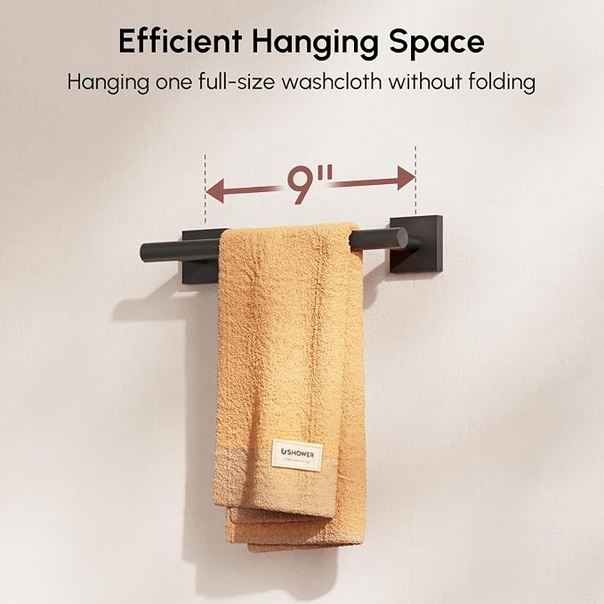 USHOWER Matte Black Hand Towel Bar, 9 Inch Towel Racks for Bathroom Wall Mounted, 304 Stainless Steel Towel Holder with Square Base, Modern Home Decor (Total Length 11 Inch)
