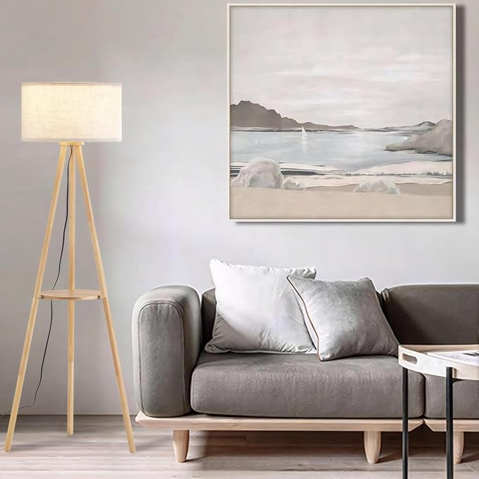 Wood Tripod Floor Lamp with Shelf & 3 Color Temparature LED Bulb, Modern Nordic Wooden Standing Floor lamp Linen Shade for Living Room, Bedroom, Office, ETL Listed/Natural Wood Color