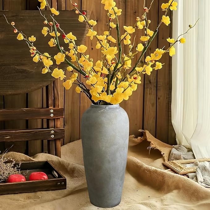 15 Inch Farmhouse Ceramic Rustic Vase, White Grey Flower Vases for Centerpieces & Home Decor, Handmade Pottery Vases for Living Room, Bedroom & Wedding Decor, Vintage Ceramic Vase for Gifts