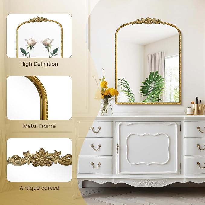 WallBeyond Gold Vintage Mirror for Vanity 24x32 Inch, Gold Antique Mirror with Ornate Frame, Arched Vintage Wall for Bathroom, Living Room, Fireplace, Entryway