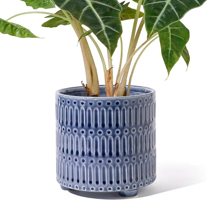 STHIE 5 Inch Ceramic Planters for Indoor Plants, Blue Cactus Snake Plant Pots with Drainage, Unique Design Round Flower Pot for Home Decoration