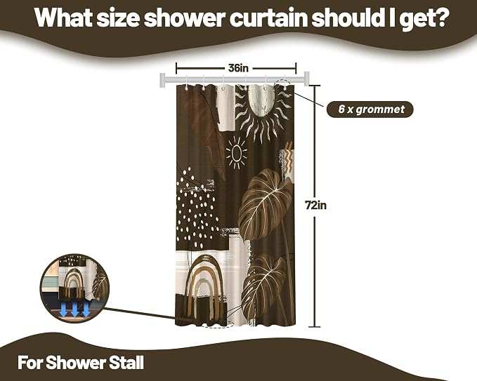 Dark Brown Mid Century Modern Shower Curtain Boho Abstract Khaki Earth Tone Shower Curtains for Bathroom Decor Sets, Waterproof Cloth Fabric with Hooks, 36 x 72 Inch
