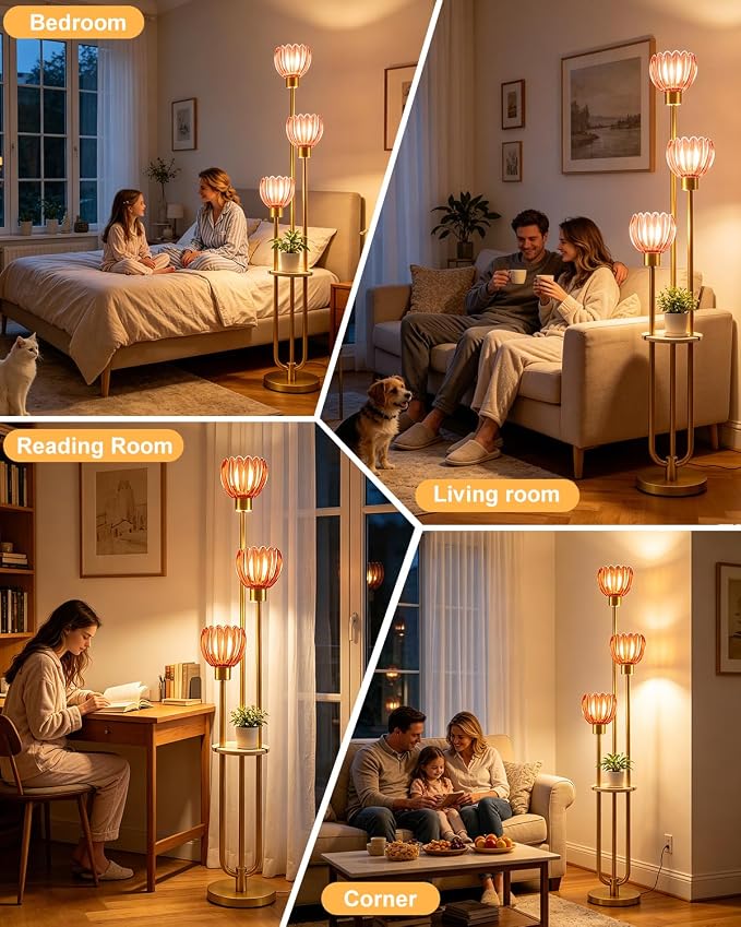Lightdot 3-Lights Glass Floor Lamp for Living Room Modern Gold Floor Lamps with Lotus Deep Red Glass Shade& Bulbs Included for Wedding/Party Tall Standing Lamp for Bedroom/Sofa Beside/Corner Decor