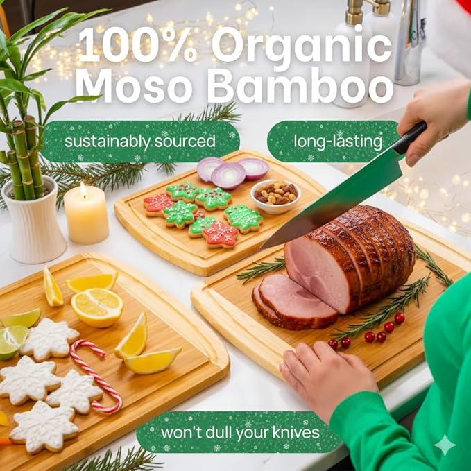 Organic Bamboo Cutting Boards for Kitchen Set of 3 with Lifetime Replacements – Premium Extra Large Wood Chopping Boards with Juice Grooves for Carving & Serving, Non-Toxic & Durable by Greener Chef