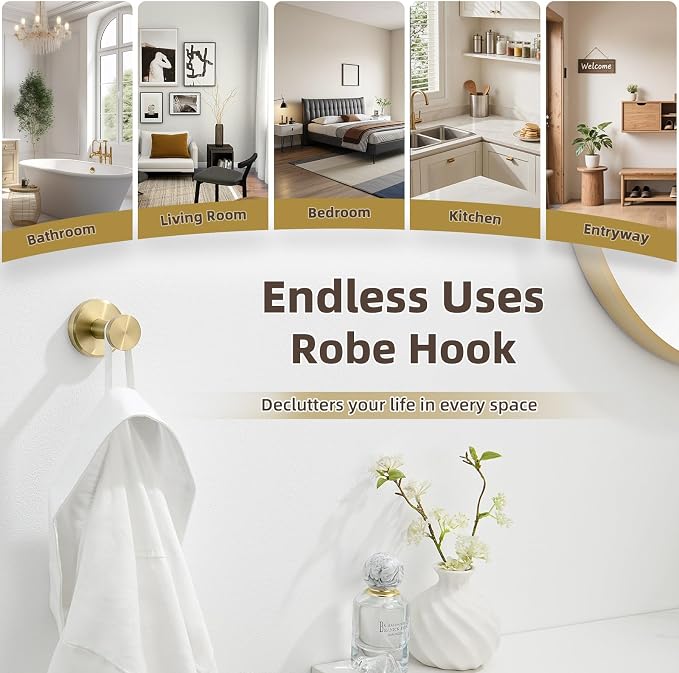 APLusee Brushed Gold Single Robe Wall Hook, 304 Stainless Steel Heavy Duty 11LBS Towel Hanger, Wall Mounted Towel Hook for Bathroom Kitchen Entryway