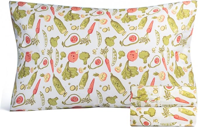Salt Earth 100% Cotton 210TC Kids Bedsheet, Twin Sheets Set for Toddler Bed, 3 Piece Bedding Set Including Flat Sheet, Fitted Sheet, and Pillowcase, Themed Sheets for a Playful Kids Bed (Veggie)