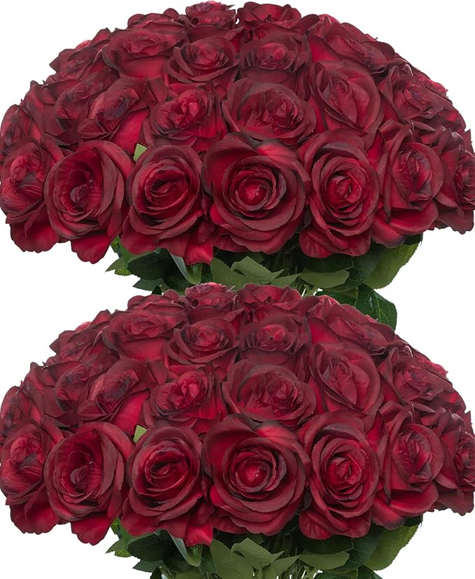 50pcs Artificial Roses Flowers in Bulk,Realistic Silk Fake Rose with Long Stem for Wedding Centerpieces Bouquet Party Floral Arrangement Home Decoration (Burgundy)