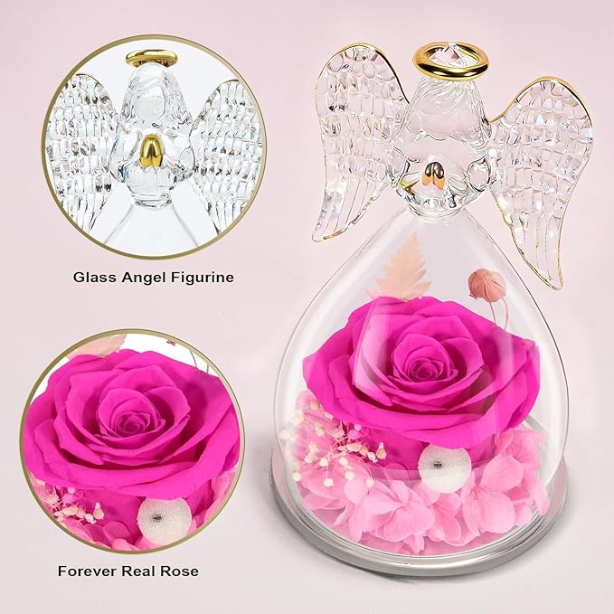 Yamonic Birthday Gifts for Mom,Christmas Angel Figurines with Real Rose Gifts for Her Mom Grandma,Preserved Flowers Rose Glass Angel Figurine for Mothers Day Christmas Birthday Gifts for Her(Hotpink)
