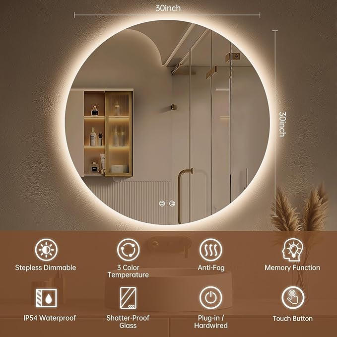 LOVESPEJO 30 Inch Round Backlit Bathroom Mirror with Lights, Circle LED Mirror for Bathroom, Fogless, Stepless Dimmable, 3 Color Changing, Memory, IP54, Shatter-Proof