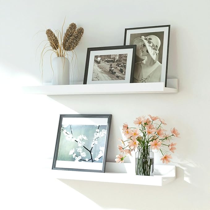 White Floating Shelves for Wall Decor, Wall Mounted Wood Storage Shelf for Bedroom, Living Room, Bathroom, Kitchen, Nursery, Display Picture Ledge Shelf with Lip Set of 2-16 Inches, White