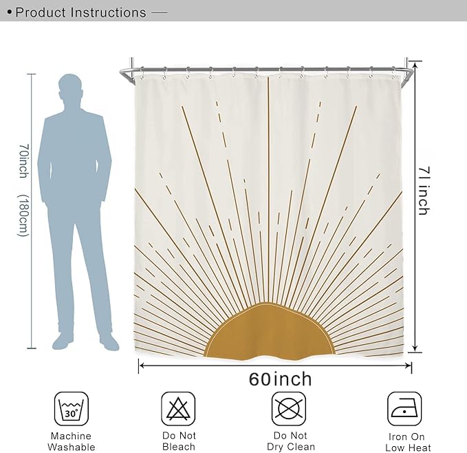 Miyotaa Abstract Sun Shower Curtain Set 60Wx71H Inches Modern Minimalist Mid Century Aesthetic Mustard Yellow Sunburst Sunrise Simple Polyester Waterproof Cloth Bathroom Curtain with 12 Hooks