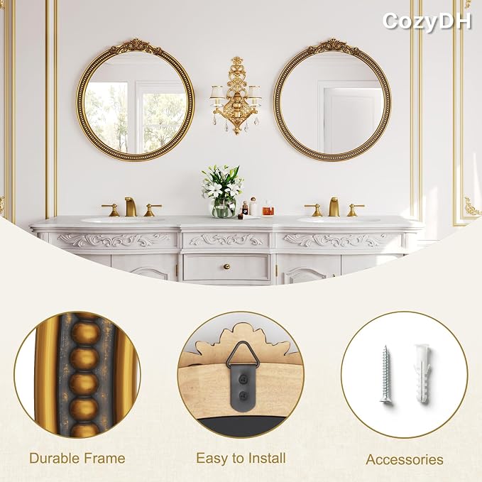 CozyDH Retro Gold Round Wall Mirror Decor - 24x24 inch Ornate Baroque Style Beaded Soli Wood Frame - Vintage Home Decor for Entryway, Foyer, Fireplace, Living Room, Hallway