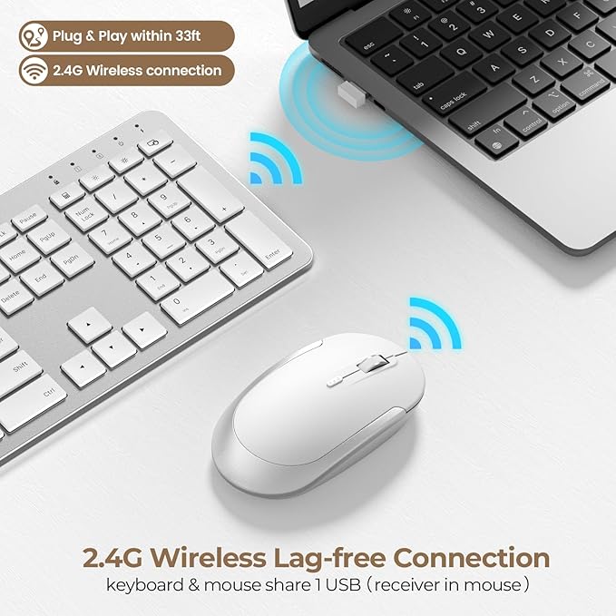 Wireless Keyboard and Mouse - Rechargeable Full Size Flat Keyboard & Mouse Sets with Build-in Lithium Battery, Ultra Thin Quiet Keyboard Mice - Silver and White