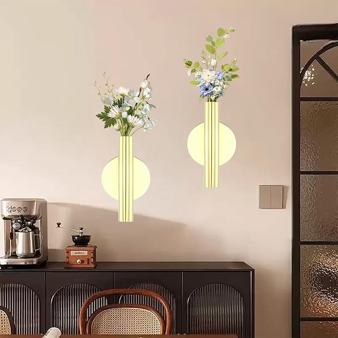 2 Pack Gold Circular Wall Vases for Flowers, Metal Hanging Wall Planters for Modern Home Decor, Hanging Flower Vase Holder for Faux & Dried Flowers, Wall Planters for Living Room & Bedroom Decor