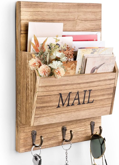 DLQuarts Mail Organizer - Wall-Mounted Wooden Mail Sorter with Key Holder & 3 Hooks | Carbonized Brown