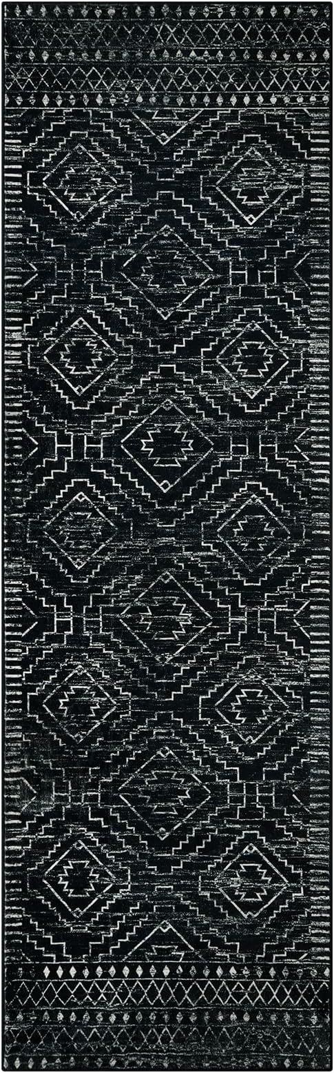 Wonnitar Moroccan Runner Rugs for Hallway 2'6"x8', Black Washable Boho Kitchen Non-Slip Rug Runner, Geometric Tribal Long Soft Bathroom Accent Area Rug for Entryway Laundry Bedroom (Black,2'6"x8')