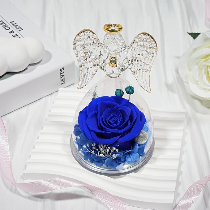 Sunia Preserved Flower Rose Gift for Women - Mother's Day Birthday Gifts for Mom Wife Grandma, Glass Angel Figurines Forever Real Roses Gifts for Her Valentine Day Thanksgiving
