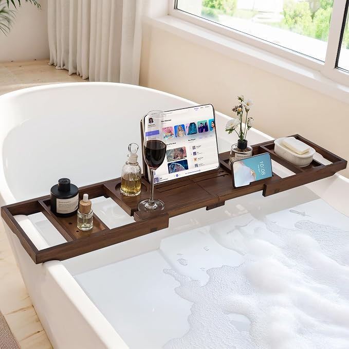 Teak Bathtub Tray, Wooden Tray Caddy for Bathtub, Luxury Bathroom Trays for Home Spa Relaxation, Teak Bathtub Caddy as Housewarming, Wedding Gifts for Women (Walnut Teak)