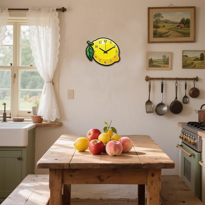 Lemon Wall Clock Irregular Shape Decorative Wall Clock Cartoon Style Non-Ticking Clock for Home Office Decoration, 15.86×12.99 inch