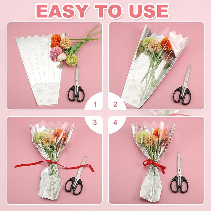 YELARXI Clear Flower Wrapping Bags, Transparent Flower Packaging Bag Waterproof Bouquet Sleeves with Lace - Fitting for (Florists/Floral Arrangements Supplies), 11.0x3.1x15.7 Inch & 100Pcs