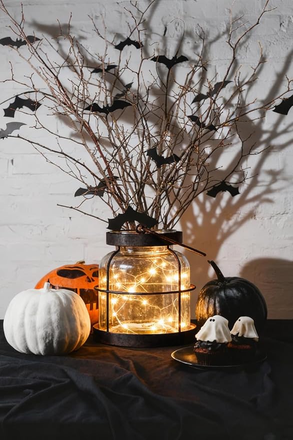 Vintage Farmhouse Lantern Decor LED Lighted Vase, Rustic Glass Vase with Artificial Flowers 4pcs Lavenders & Eucalyptus, Farmhouse Table Centerpiece for Floral Arrangements-Hidden Switch Lid