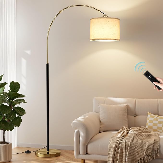 Ambimall Dimmable Arc Floor Lamp with Remote, Color Temperatures and Brightness Adjustable, Arched Floor Lamp with Rotating Head, Over Couch Arched Reading Light for Living Room (Black and Bronze)