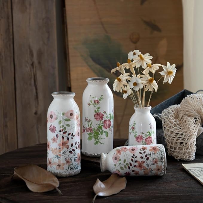 Ceramic Small Vase, Rustic Farmhouse Vintage Flower Vase for Home Decor, Floral Centerpiece for Table, Shelf, Mantle,Living Room,Kitchen, Office,Boho Chic Gift Idea for Christmas, Housewarming